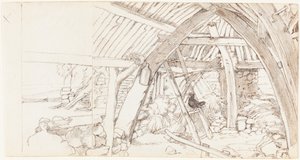 The Barn (penna och brunt bläck över grafit på två sammanfogade ark vävpapper) av Edwin Landseer
