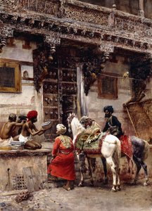 Hantverkare som säljer fodral vid en byggnad i teak, Ahmedabad, ca 1885 av Edwin Lord Weeks