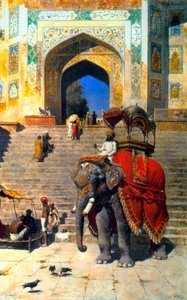 Kunglig elefant vid porten till Jami Masjid, Mathura, 1800- eller tidigt 1900-tal.