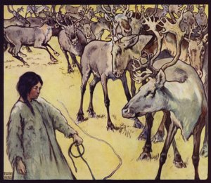 En lappflicka med renflock (färg litho)