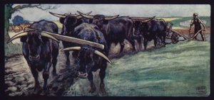 Oxar som plöjer på Sussex Downs (färg litho)