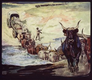Oxar som korsar floden i Sydafrika (färg litho)