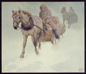 Sibiriska ponnyer i Antarktis (färg litho)