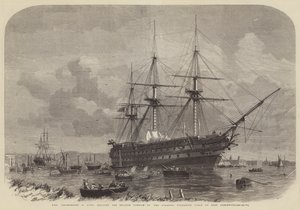 HMS Agamemnon, 91 Guns, fraktar den engelska delen av den atlantiska ubåtskabeln vid East Greenwich
