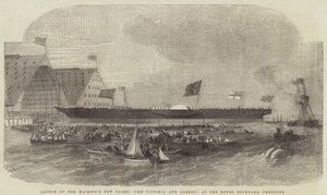 Lansering av Hennes Majestäts nya yacht, The Victoria and Albert, på Royal Dockyard, Pembroke av Edwin Weedon