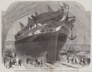 Sjösättning av Hennes Majestäts skruvkrigsskepp James Watt (90 kanoner) vid Royal Dockyard i Pembroke.