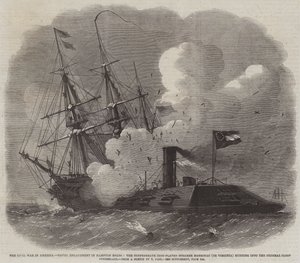 Inbördeskriget i Amerika, sjöstrid i Hampton Roads, konfederationens järnpläterade ångfartyg Merrimac (eller Virginia) som stöter på den federala sloopen Cumberland. av Edwin Weedon