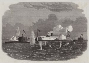 Den järnklädda fregatten New Ironsides och två Ericsson-batterier går i aktion i Charleston av Edwin Weedon