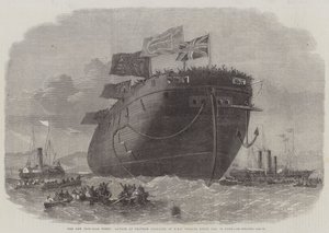 Den nya järnplåtsflottan, sjösättning av HMS Fregatt Royal Oak, 50 kanoner, vid Chatham Dockyard av Edwin Weedon