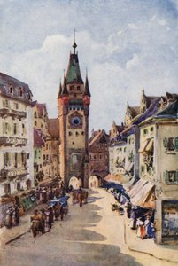 Floden Rhen: Gamla tornet, Freiburg-im-Breisgau (färglitografi) av Effie Jardine