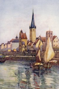 Floden Rhen: Kajen vid Düsseldorf (färglitografi)