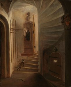 Portal av ett trapptorn, med en man som går ner för trappan: förmodligen ögonblicket före mordet på Vilhelm den tyste i Prinsenhof, Delft av Egbert Lievensz. van der Poel (attributed to)