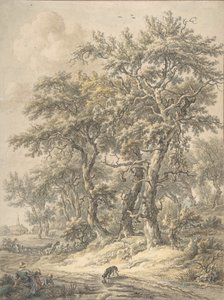Kvinna och barn som sitter bredvid en väg, 1760-1818.