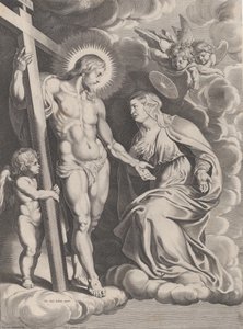 Jungfruns förbön, knästående på ett moln precis framför Kristus, stående..., ca. 1610-37.