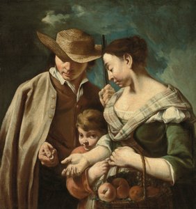 En fruktförsäljare och en ung pojke med en korg med persikor, päron och vindruvor i ett landskap med en man som håller i en pistol och ett mynt, ca 1705-84 (olja på duk) av Egidio (attr.to) Dall