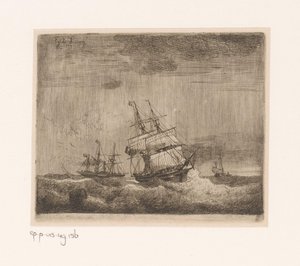 Segelfartyg och en hjulångare till havs av Egidius Linnig