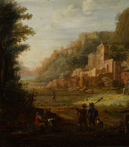 Skogslandskap med två jägare vid infarten till en dalgång av Eglon van der Neer