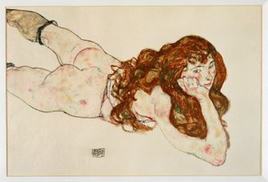 Kvinnlig naken liggande på mage - Naken på mage (gouache och svart krita) av Egon Schiele