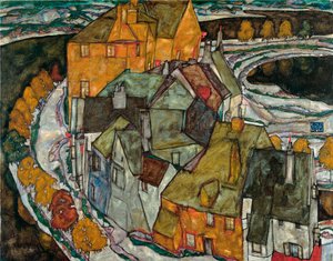 Crescent of houses II (Östad) - Målning av Egon Schiele (1890-1918), olja på duk av Egon Schiele