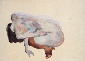 Hukande naken i skor och svarta strumpor, bakifrån, 1912 (wc, gouache och grafit på papper) av Egon Schiele