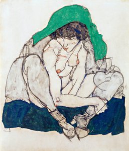 Hukande kvinna med grön huvudduk - Schiele, Egon (1890-1918) - 1914 - Svart krita, Gouache på papper - 47x31 - Leopoldmuseet, Wien av Egon Schiele