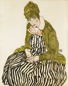 Edith Schiele i randig klänning, sittande. Verk av Egon Schiele (1890-1918), penna och gouache på papper av Egon Schiele