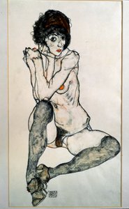 Naken kvinna sitter. Teckning av Egon Schiele
