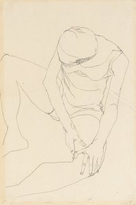 Naken kvinna böjd framåt, båda händerna på vänster lår, 1913 av Egon Schiele