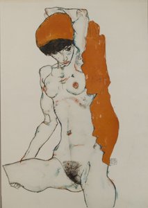 Naken kvinna med orangerött tyg, 1914