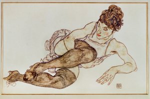 Kvinna med bruna strumpor - Kvinna ... (gouache och svart krita) av Egon Schiele
