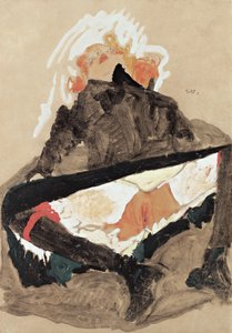 Flicka i svart klänning med spridda ben, 1910 av Egon Schiele