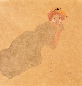 Flicka i olivfärgad klänning med stödd arm; Kvinna i olivklänning med upphöjd arm av Egon Schiele
