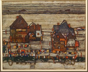 Hus och färgglad tvättstuga, förort, även två kvarter med hus med tvättlinor ... av Egon Schiele