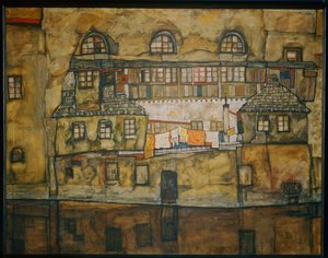 Hauswand am Fluss (akvarell på duk) av Egon Schiele