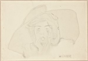 Huvudet av en ropande ung kvinna med stor hatt, hakan stödd av händer av Egon Schiele