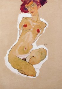 Hukande kvinnlig nakenstudie av Egon Schiele