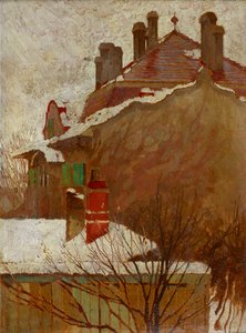 Hus på vintern Utsikt från ateljén, 1907-1908. av Egon Schiele