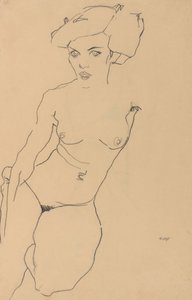 Knästående kvinnlig nakenstudie av Egon Schiele