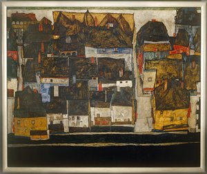 Krumlov och Vltava - Krumlov vid floden Vltava ... (olja på duk) av Egon Schiele