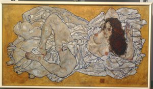 Liegende Frau (olja på duk) av Egon Schiele