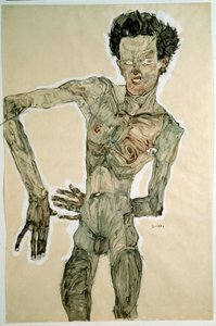 Naken man (självporträtt). Teckning av Egon Schiele (1890-1918), 1910. Blyertspenna, akvarell och tempera på papper. Mått: 55,7x36,8cm. Wien, Graphische Sammlung Albertina