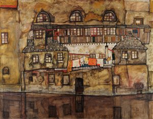 Mur av hus vid floden - Målning av Egon Schiele (1890-1918), olja på duk av Egon Schiele