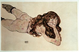 Naken feminin med platt mage. Teckning av Egon Schiele