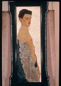 Självporträtt av naken kvinna med ornamentalt draperi ... (olja och metallicfärg) av Egon Schiele