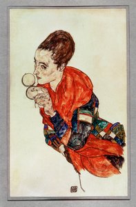 Porträtt av skådespelerskan Marga Boerner med puderdosa ... (gouache och svart krita) av Egon Schiele