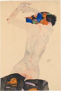 Rückenakt mit buntem Tuch Naken från baksidan med en färgad duk, 1911. av Egon Schiele