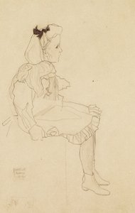 Sittande flicka med rosett i håret, 1909 av Egon Schiele