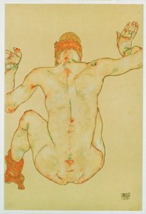 Sittande kvinnlig nakenbild, bakifrån (gouache, akvarell  blyerts) av Egon Schiele