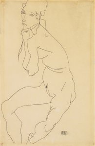 Sittande kvinnlig naken med handen på hakan, 1914 av Egon Schiele