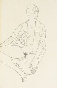 Sittande kvinnlig naken med öppen blus, 1913 av Egon Schiele